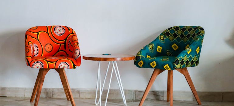 Colorful chairs and a coffee table.