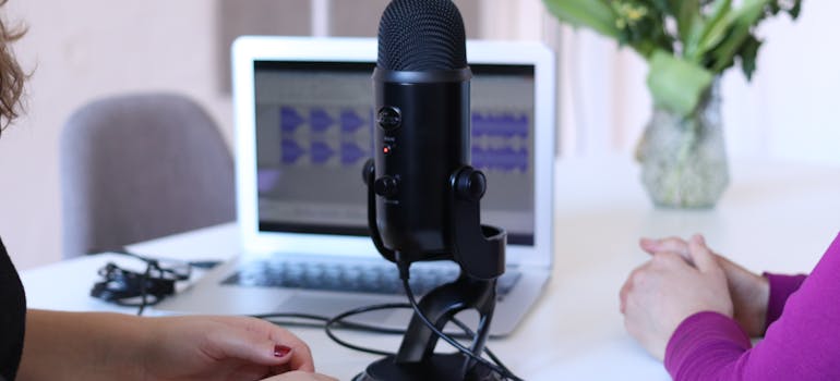 A microphone on a desk.