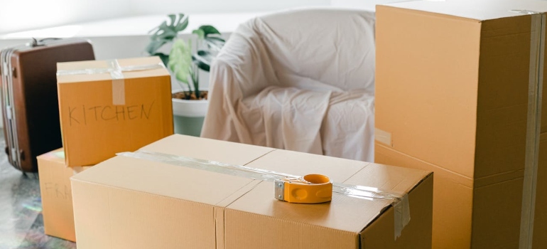 Packing supplies and a couch.