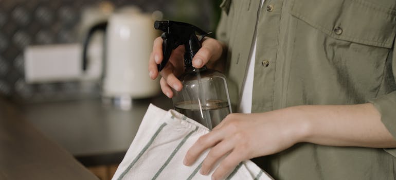 A person holding cleaning supplies.