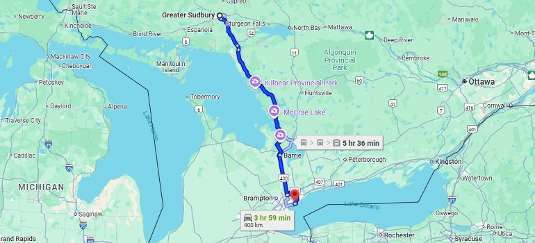 sudbuty to toronto map
