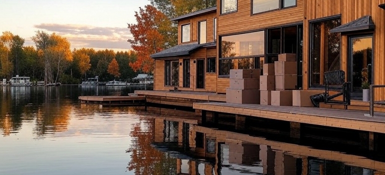 boxes in front of a waterfront house