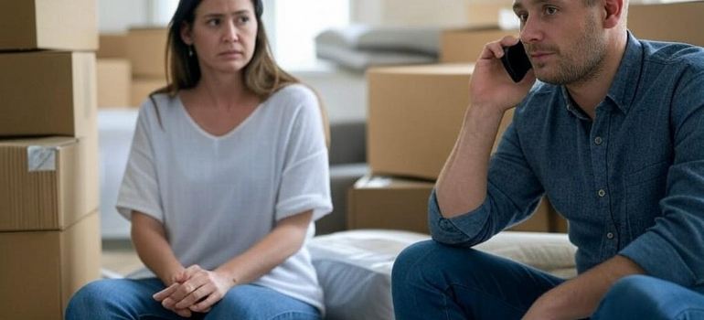 couple moving and phoning movers